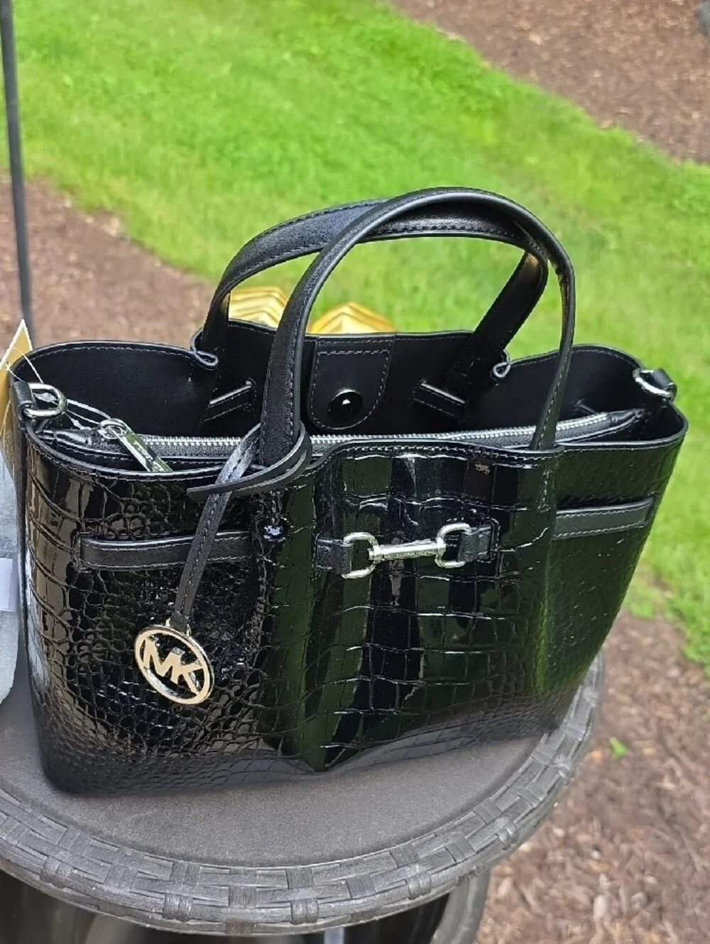 Michael Kors Black Croc-Embossed Patent Leather Tote - Picture 7 of 7